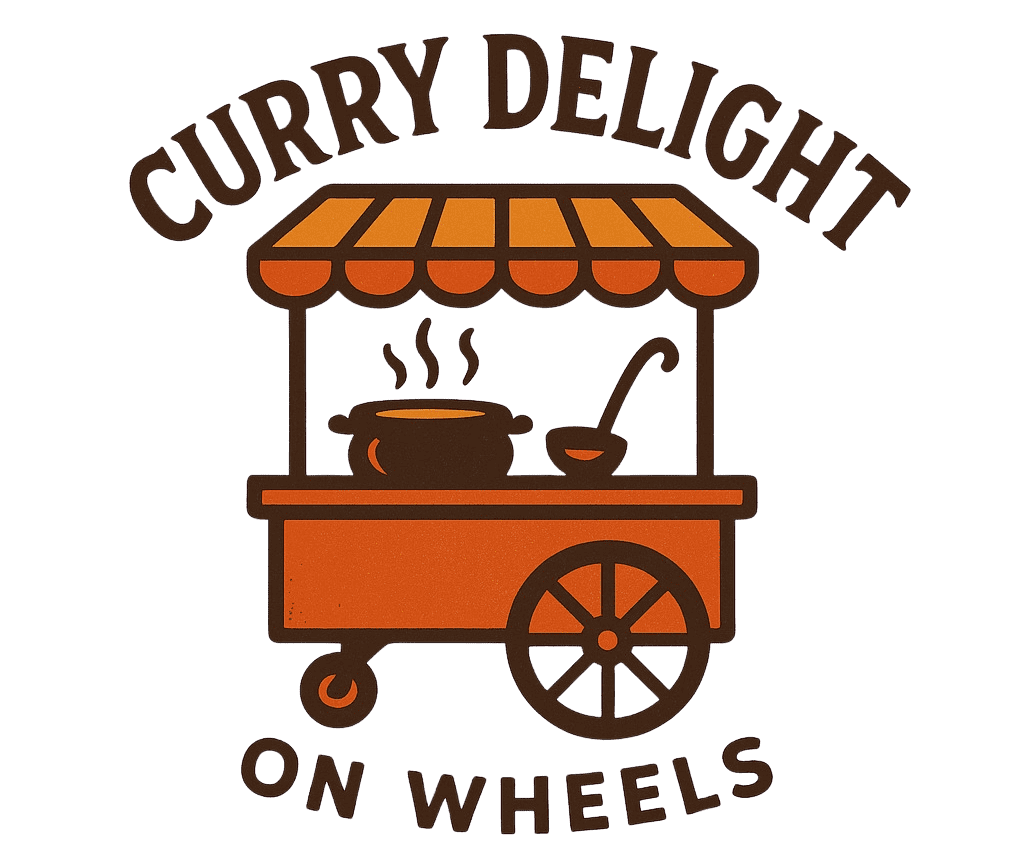 Curry Delight food cart logo with wheel and steaming pot.