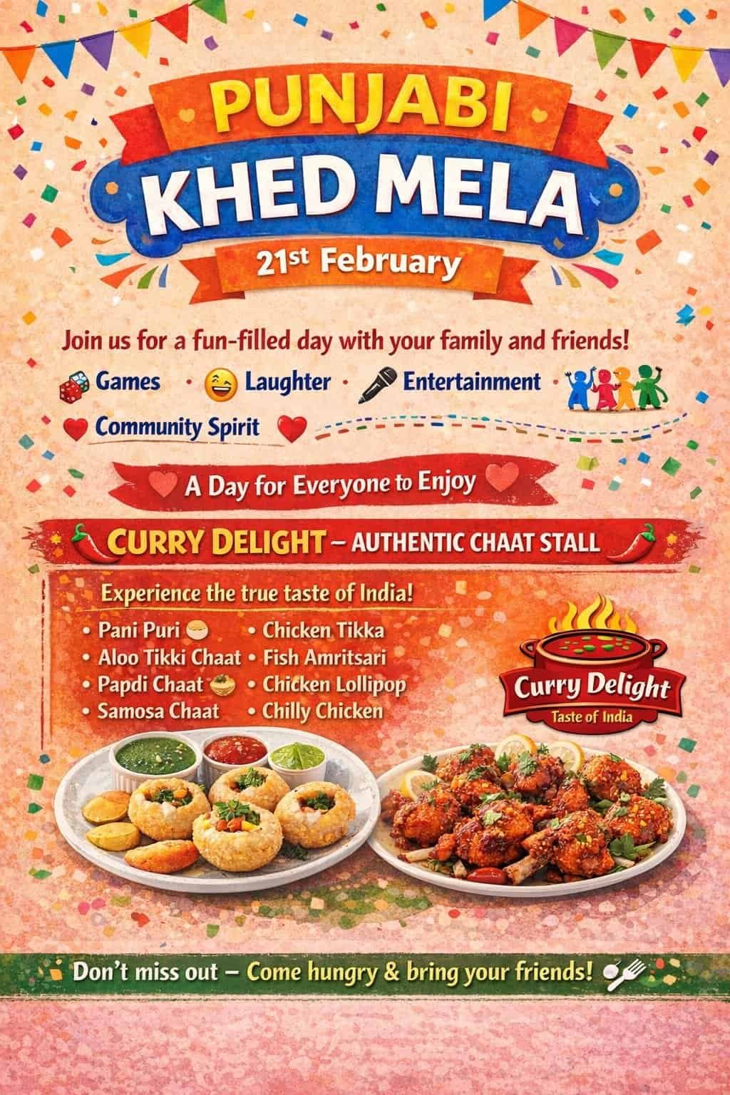 Punjabi Khed Mela event poster with Indian food and festivities.