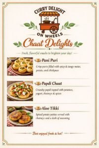 Delicious Indian street food on wheels at Curry Delight, featuring Pani Puri, Papdi Chaat, and Aloo.