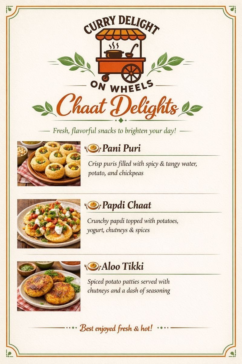 Delicious Indian street food on wheels at Curry Delight, featuring Pani Puri, Papdi Chaat, and Aloo.