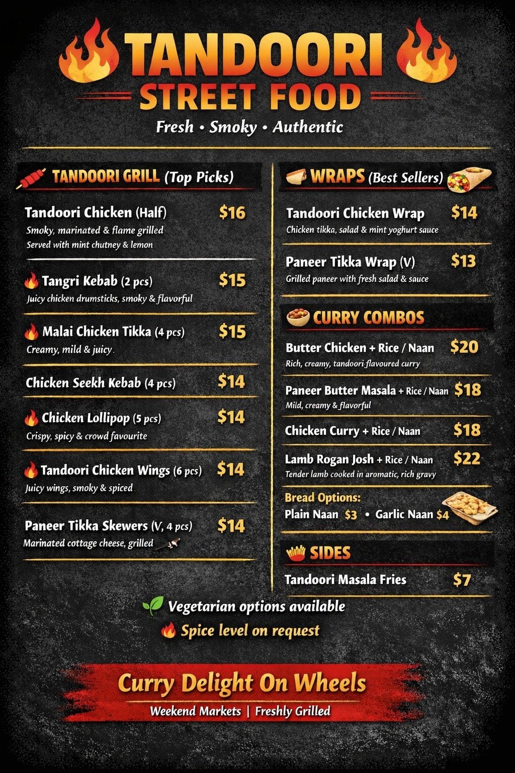 Curry Delight Indian food on wheels with tandoori dishes and wraps.