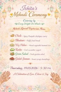 Indian food truck serving vegetarian curry and snacks at Mehndi ceremony event.