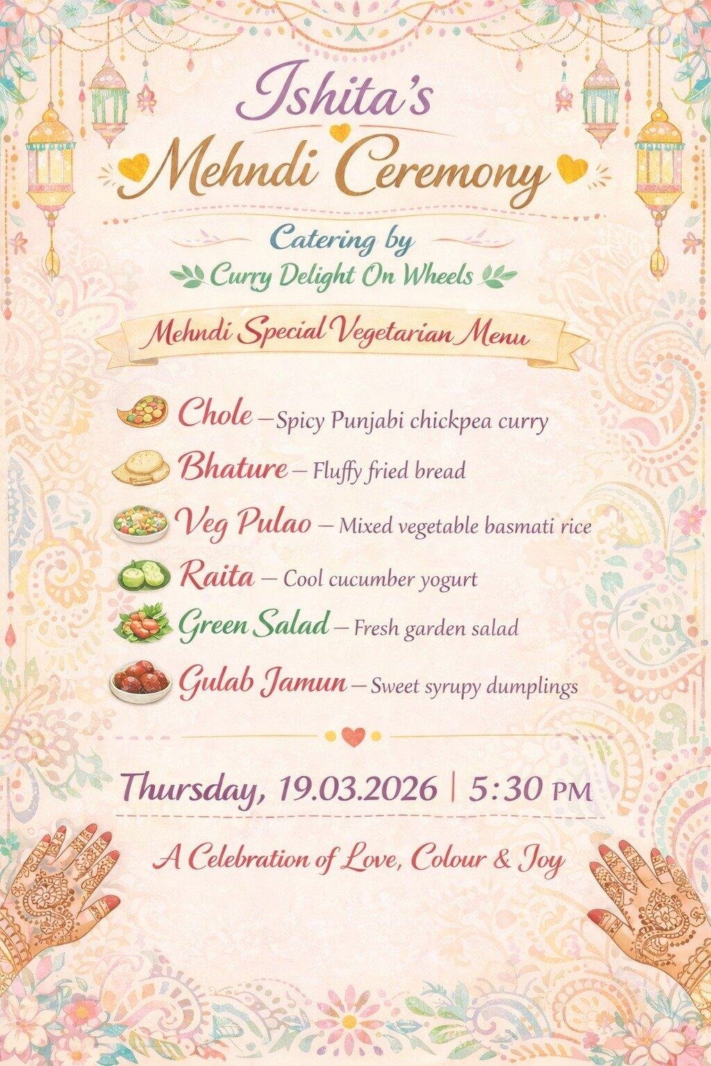 Indian food truck serving vegetarian curry and snacks at Mehndi ceremony event.